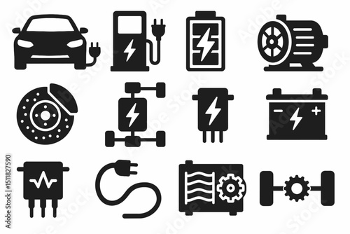 Electric vehicle components icons: battery, charger, motor, transmission