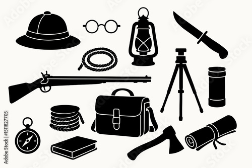 Vintage adventure gear: hat, rifle, lantern, and tools silhouettes