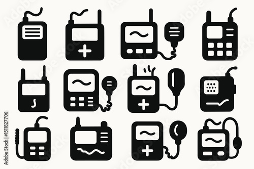 Set of black communication device icons with microphones and antennas
