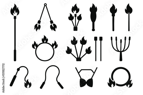 Silhouette icons of fire juggling equipment on brown background