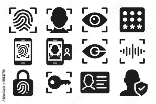 Security icon set: fingerprint, face id, eye scan, passcode, encryption, voice recognition