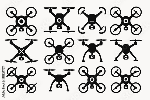 Collection of twelve black silhouette drone icons with various designs