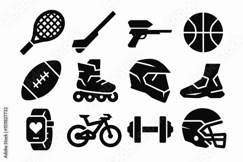 Icon set featuring sports equipment including tennis, hockey, basketball, and more