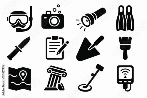 Underwater adventure icons: snorkeling, camera, flashlight, flippers, knife, tools, map, detector