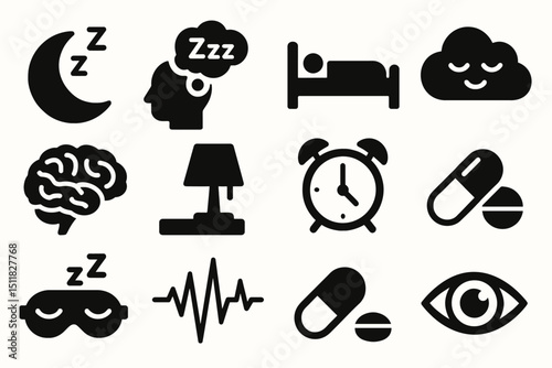 Sleep and relaxation icons: moon, bed, brain, alarm, pills, eye, cloud