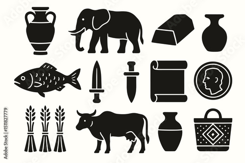 Ancient symbols: elephant, cow, fish, scroll, and artifacts in black icons