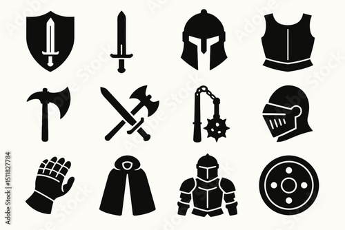 Black silhouettes of medieval weapons and armor set