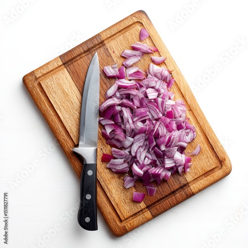 Chopped red onions on a wooden cutting board with a knife for cooking food preparation recipe