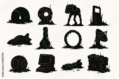 Silhouette collection of futuristic objects: spaceship, satellite, computer, robot