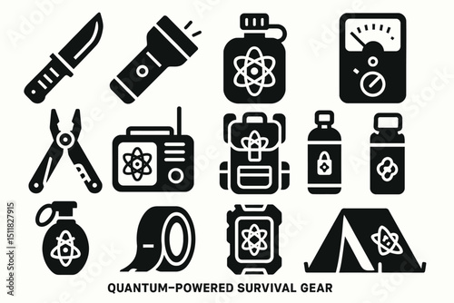 Quantum-powered survival gear icons: knife, flashlight, water bottle, backpack, radio, tent