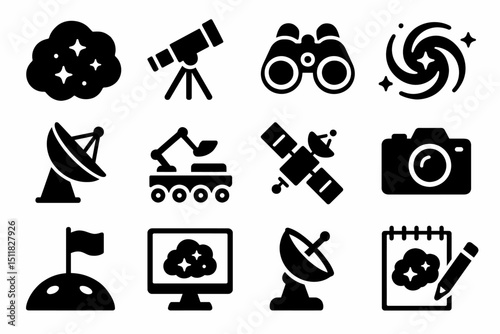 Space exploration icons: telescope, satellite, galaxy, rover, camera