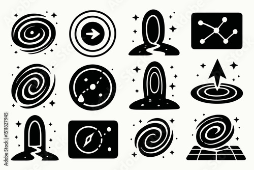 Black and white abstract warp and portal icon set with swirling patterns