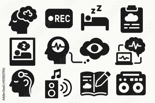 Sleep and mind activity icons: brain, recording, and music symbols