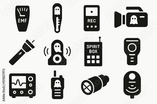 Ghost hunting equipment icons: emf meter, spirit box, camera, and more