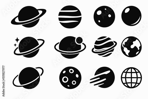 Set of twelve simple black and white planet and space themed icons