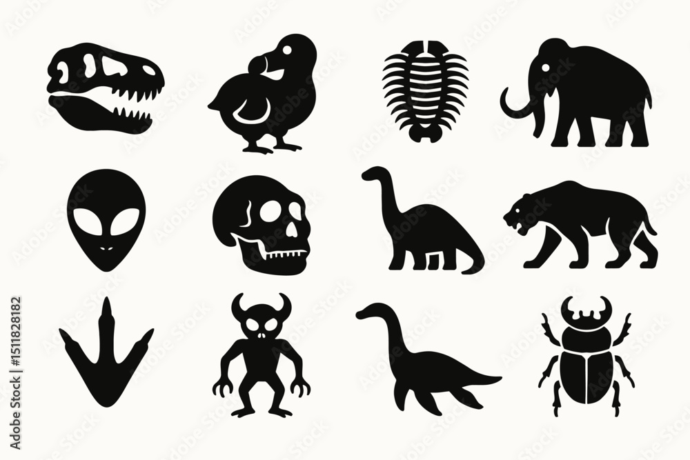 Obraz premium Silhouette icons of prehistoric and mythical creatures including t-rex and mammoth