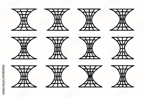 Abstract geometric pattern of 12 hourglass-shaped structures in black on white background