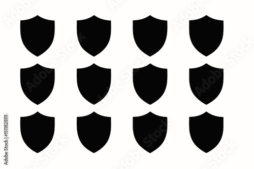 Twelve black shield silhouettes in grid pattern on white background