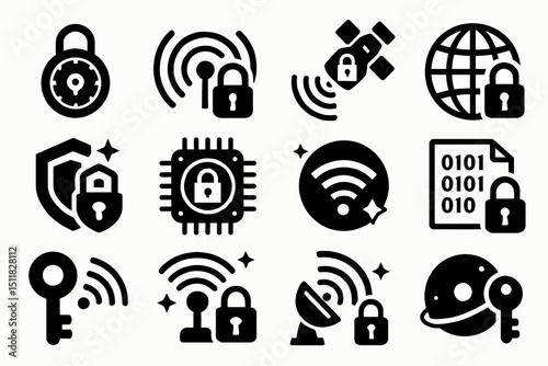 Cybersecurity and network protection icons featuring locks and signals