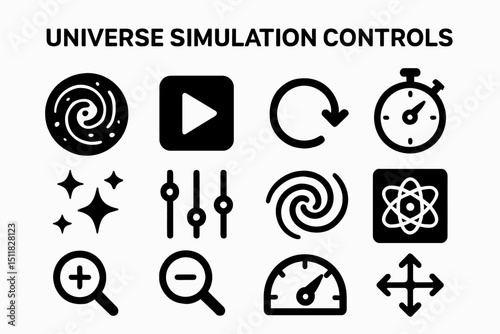 Universe simulation control icons: play, adjust, explore, and more