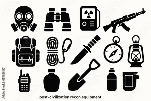 Post-civilization recon equipment icons: gas mask, ak-47, compass, lantern, backpack