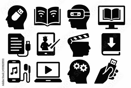 Digital icons: usb, vr, download, music, e-learning, and data transfer symbols