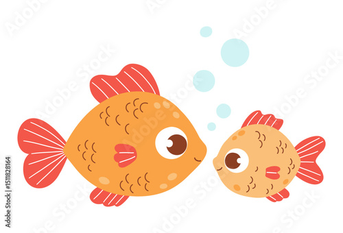 Cute funny Big and little Fish with bubbles. Mom and baby cartoon animal. Vector illustration. Kids collection