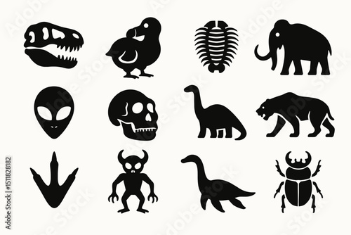 Silhouette icons of prehistoric and mythical creatures including t-rex and mammoth