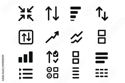 Collection of various black arrow and bar graph icons in solid style