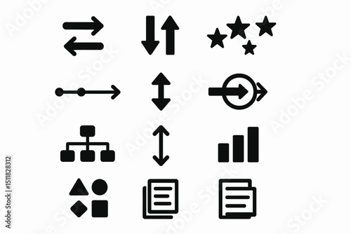 Collection of black directional and data icons with arrows and charts