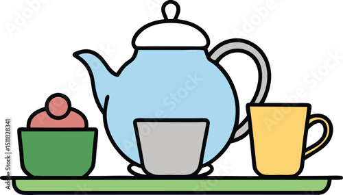 Afternoon Tea Time Delightful Teapot, Cups, and Sweet Treat Illustration