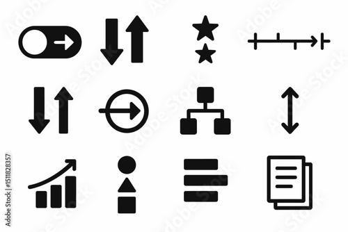 Vector icons of arrows, charts, stars, and diagrams in black silhouettes