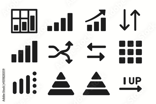 Collection of various black business and data icons for analytics and strategy
