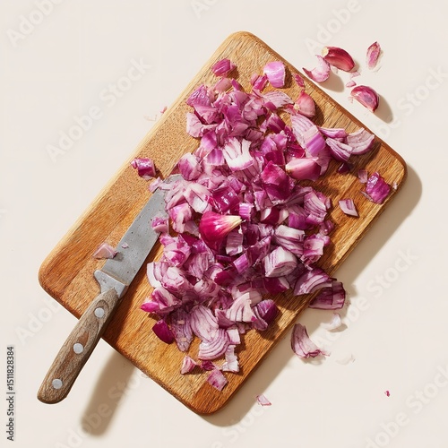 Chopped red onion on wooden cutting board with knife for cooking food preparation ingredient recipe