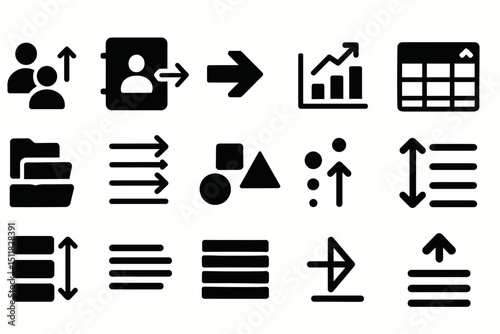 Collection of black business and statistical icons with charts and arrows