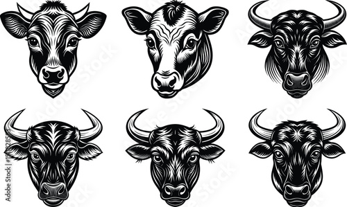 black Set of vector black silhouettes of bull icon isolated a white background, 

