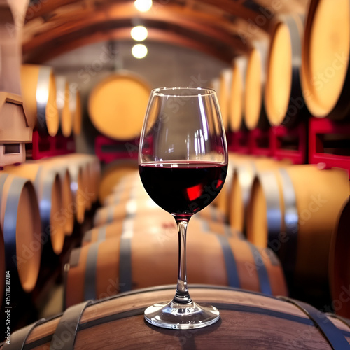 Red wine glass on barrel in cellar. (2)