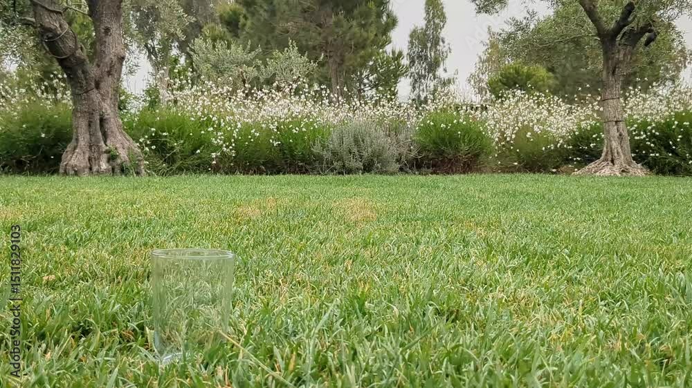Male hand picks up plastic straws from glass and puts back biodegradable paper straws against grass and olive trees background Male hand picks up plastic straws from glass and puts back biodegradable paper straws against grass and olive trees background
