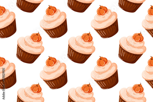 Seamless pattern of pumpkin muffin with cream in cartoon. Sweet dessert design for bakery packaging, fabric, wallpapers, and greeting cards on white background.