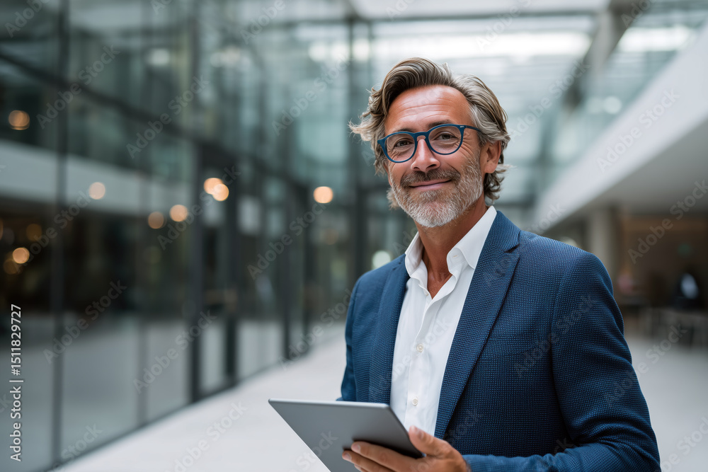 Fototapeta premium Portrait of a confident businessman holding a digital tablet, smiling in a modern office environment