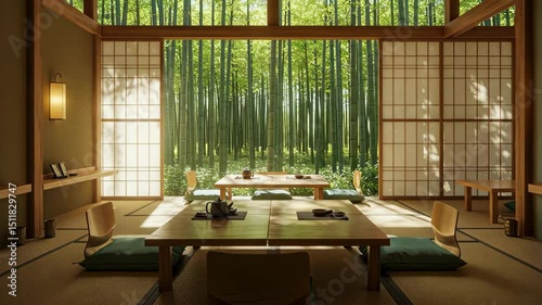 Zen Japanese room interior with bamboo garden view through shoji scree