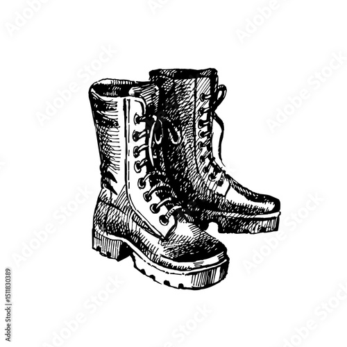Hand drawn rugged boots in retro style. Outdoor, hiking, military, grunge footwear. Vintage sketch vector illustration