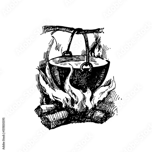 Hand drawn cauldron over a campfire in retro style. Outdoor, hiking, military cooking. Vintage sketch vector illustration
