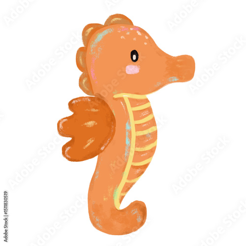 Cute hand drawn orange brown beige seahorse doodle sea ocean beach animals illustration kids seafood sand summer season clipart crayon watercolour sticker design