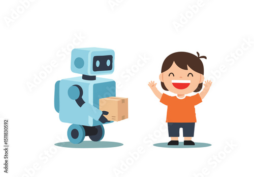 A cheerful child receives a delivery from a friendly robot. Bright colors and a playful scene perfect for kids and technology themes.