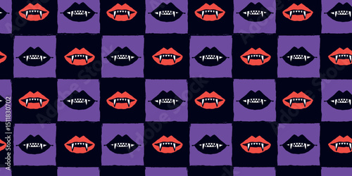 Halloween Seamless Pattern with Red and Black Vampire Mouths and Fangs on Purple Background. Bold, spooky lips in checkered great for print, web, fashion, cards, wrapping paper