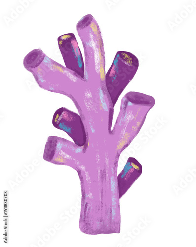 Cute hand drawn purple violet coral reef doodle sea ocean beach animals illustration kids seafood sand summer season clipart crayon watercolour sticker design