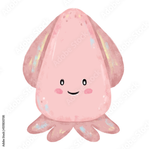 Cute hand drawn pink beige pastel colors squid doodle sea ocean beach animals illustration kids seafood sand summer season clipart crayon watercolour sticker design