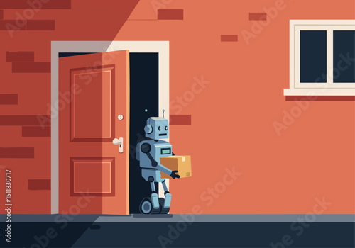 A friendly robot delivers a box through a doorway. Modern illustration style, bright colors, and a clean composition. Perfect for tech, delivery, or automation themes.