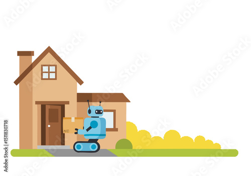 A friendly robot delivers a box to a charming house under a sunny sky. Clean, modern illustration with a bright, cheerful aesthetic.